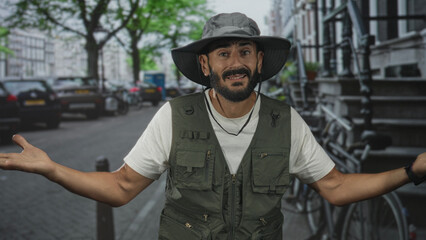 Fototapeta premium Man in fishing vest and wide brim hat raises hands in a shrug on a street lined with bicycles and cars; uncertainty.