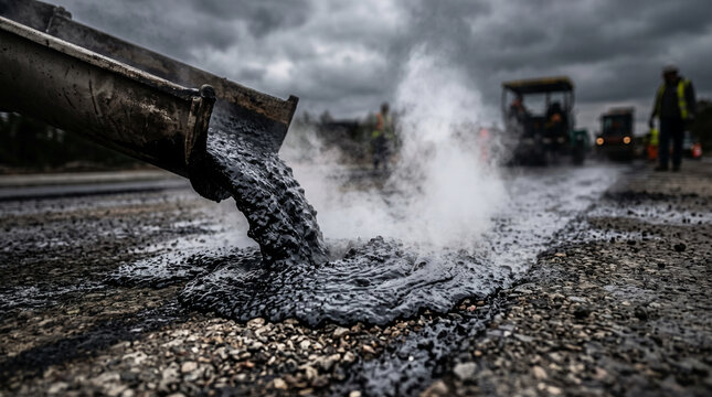 Hot asphalt pouring from construction equipment onto road surface