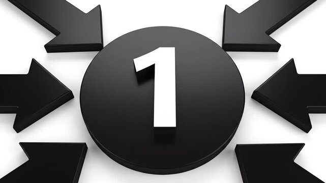 Multiple black arrows pointing towards central number one on white background
