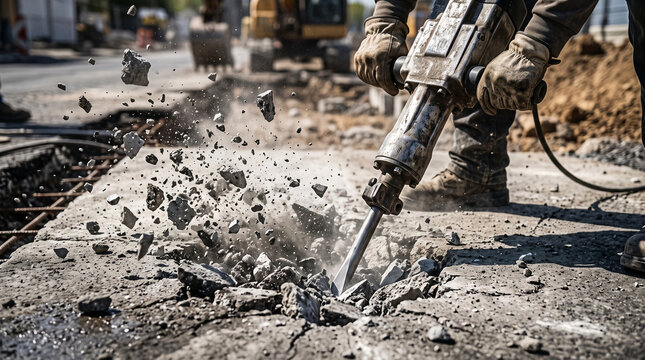 Construction worker breaking concrete with jackhammer on construction site