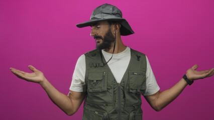 Fototapeta premium Man fisherman wearing olive green vest and wide brim hat, palms up shrug gesture in studio; uncertainty curiosity.
