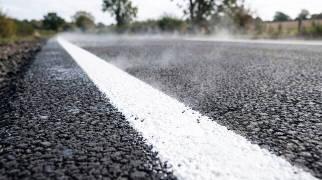 New asphalt road with fresh white line in misty outdoor setting