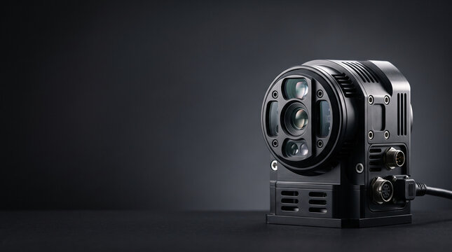 Advanced industrial camera with optical lenses on dark background