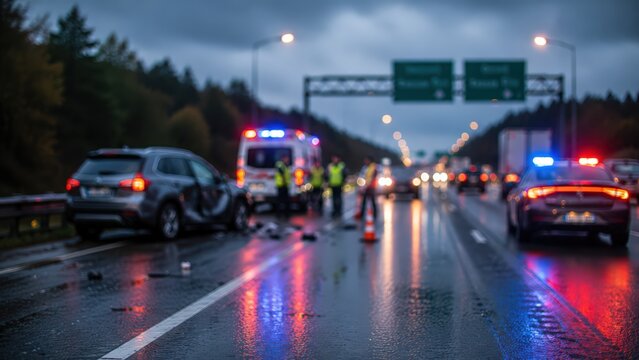 car accident highway night emergency vehicles ambulance police sirens crash rain wet road traffic collision rescue first responders
