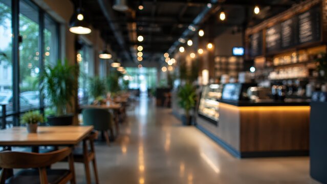 Blurred cafe interior coffee shop background restaurant bokeh lights modern atmosphere morning breakfast place indoor cafeteria soft focus