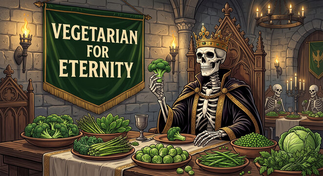 Skeleton king with smug mood holding a broccoli floret at a lavish banquet table featuring "VEGETARIAN FOR ETERNITY" against a royal dining hall background