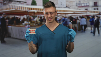 Fototapeta premium Man dentist in scrubs, young blond and handsome, holds dentures and mirror while grimacing in street market; concern dental outreach.