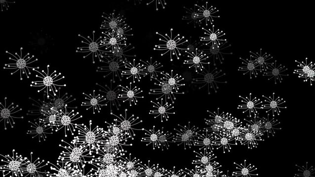 Abstract flying microorganism and virus particles floating on dark background.