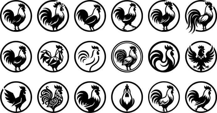Rooster Emblem Icon Set with Circular Farm Logos, Ornamental Chicken Silhouettes and Poultry Symbols