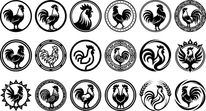 Rooster Emblem Icon Set with Circular Farm Logos, Ornamental Chicken Silhouettes and Poultry Symbols
