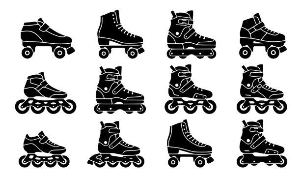 Bold roller skate silhouette vector set with solid black shapes of quad and inline skating icons