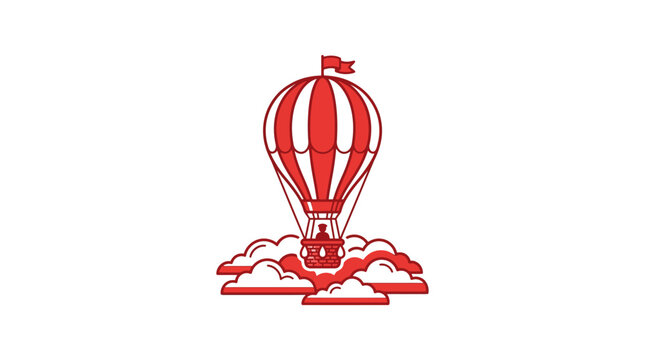 Red hot air balloon flying high above the fluffy clouds in a bright sky vector illustration