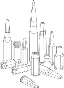 Military ammunition cartridge collection, detailed bullet line art vector illustration for defense engineering and ballistic equipment