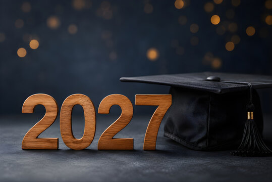 Graduation cap with wooden 2027 numbers on a dark background with soft golden bokeh light effect