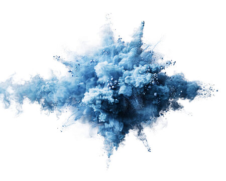 Blue powder explosion burst on white background keywords isolated on a transparent background