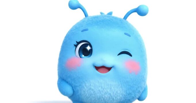 Cute blue cartoon creature with antennas winking on white background character