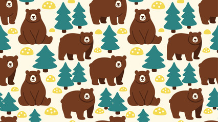 Obraz premium Cute Brown Bear and Evergreen Tree Woodland Seamless Pattern for Kids Design. Flat vector illustration EPS 10.
