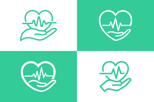 Healthcare and Medical Heart Logo Design, Hand Cupping Heart with EKG Pulse Line Icon, Cardiology and Wellness Clinic Vector.