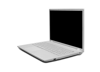 Fototapeta premium A modern open laptop with a blank black screen sits on a clean white background.