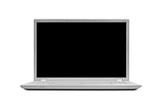 A modern laptop with a black blank screen is open and facing forward against a clean white background.
