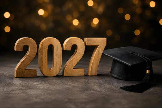 Wooden numbers 2027 with a graduation cap on a dark textured background with golden bokeh lights