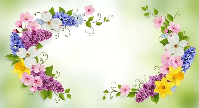 Spring floral wreath frame with colorful blossoms and green foliage background