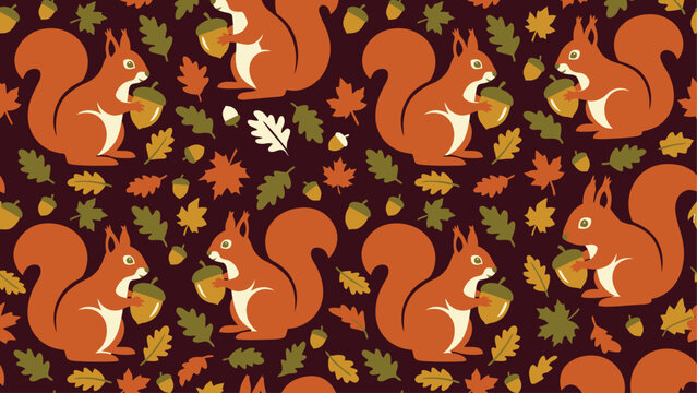Seamless Autumn Pattern with Cartoon Squirrels Holding Acorns and Fall Leaves on Dark Background. Flat vector illustration EPS 10.