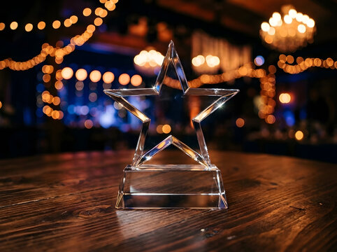 Glass Star Award Trophy on Wooden Table | Elegant Corporate Recognition Plaque | Crystal Star Achievement Award Setup | Gala Celebration Award Night