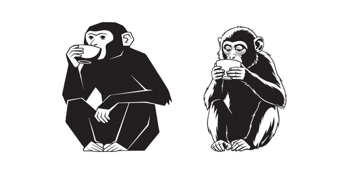 Two monkeys sitting and drinking from cups