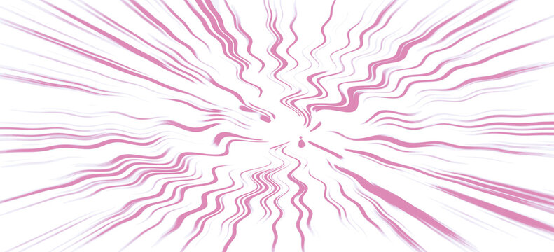 Wavy pink lines radiating dynamically outwards from a central point on a clean white field