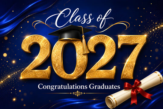 Class of 2027 graduation background with gold glitter numbers and diploma on blue silk fabric