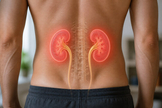 A person's back with glowing, anatomically correct kidneys and ureters superimposed on their torso.