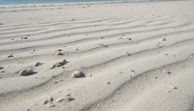 Close-up view of textured sandy beach with gentle waves in the background, showcasing small pebbles and shells scattered across the shoreline