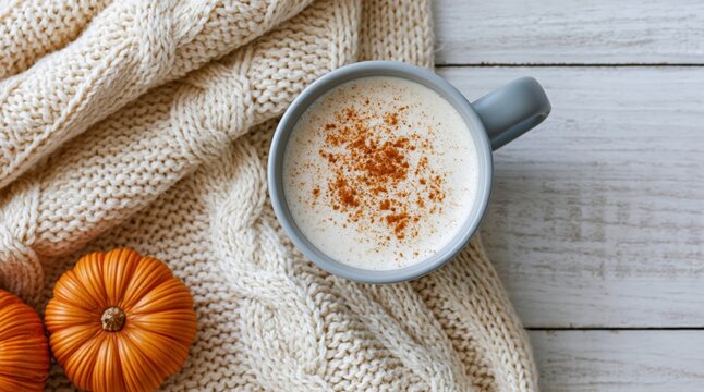 Autumn cozy pumpkin spice latte with a knitted blanket for a fall coffee scene