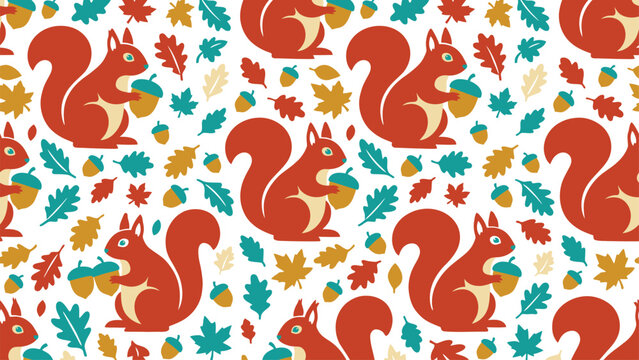 Autumn Seamless Pattern with Cartoon Squirrels Holding Acorns and Fall Leaves on White Background. Flat vector illustration EPS 10.
