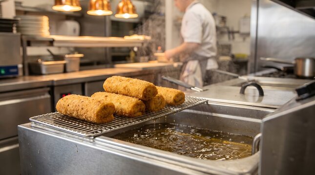 Fried ragout rolls in a kitchen, Crispy deep fried snacks, Chef preparing croquettes in restaurant fryer