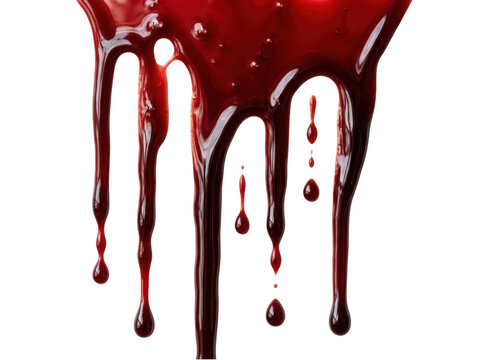 Thick dark red blood drops and liquid dripping down, isolated on transparent background. Excellent for horror concept.