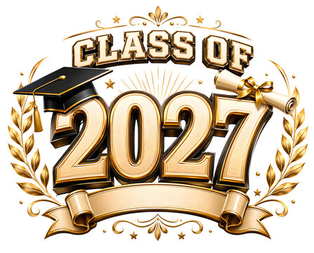 Class of 2027 graduation emblem with mortarboard, diploma scroll, and golden laurel wreath.