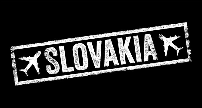 SLOVAKIA text stamped inside a rectangular badge featuring airplanes, representing international journeys, aviation tourism, flight destinations, also geographical country identification symbols.