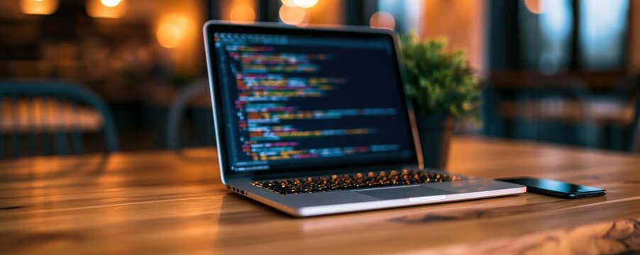Laptop displaying lines of coding and software development on a cozy office desk