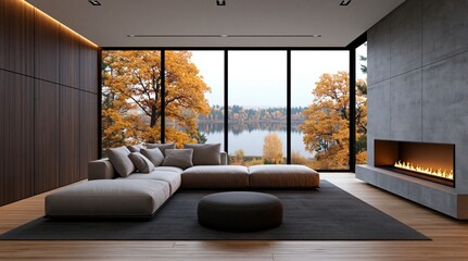 Obraz premium Interior design of a luxury living room with modern fireplace and autumn forest