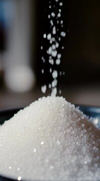 Macro slow-motion close-up video of coarse white sea salt or granulated sugar crystals pouring downward in a thick continuous stream into a dark ceramic bowl. Individual white crystals glist