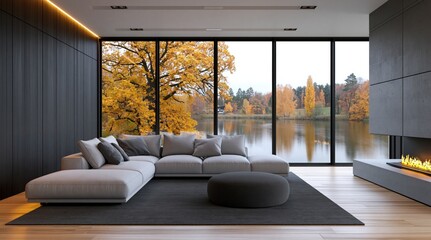 Obraz premium Living room interior with modern luxury sofa fireplace and panoramic autumn windows