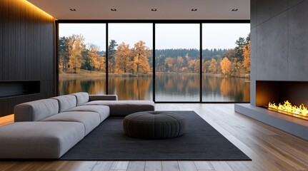 Obraz premium Luxury modern living room interior with fireplace sofa and autumn lake view window