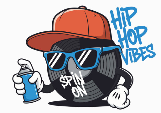 Cartoon vinyl record character with sunglasses and cap, holding spray can, isolated on transparent alpha background, perfect for music events, graphic design and cultural promotion.