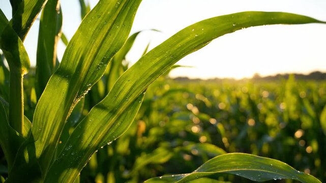 Corn Field at Sunrise: Close-up of vibrant green corn stalks with dewdrops, illuminated by the soft light of sunrise in a vast agricultural field, embodying growth and vitality.