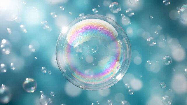 Iridescent soap bubble floating and drifting on soft teal background for nature and beauty content