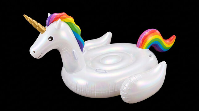 White unicorn inflatable pool float with rainbow mane and tail on a black background.