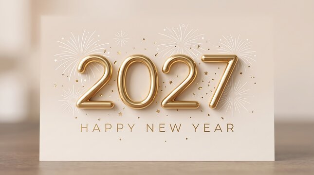 3d gold 2027 numbers with fireworks and confetti on a beige background for new year greeting card