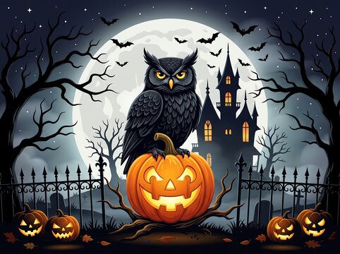 Spooky halloween scene with owl perched on jackolantern in front of haunted house
